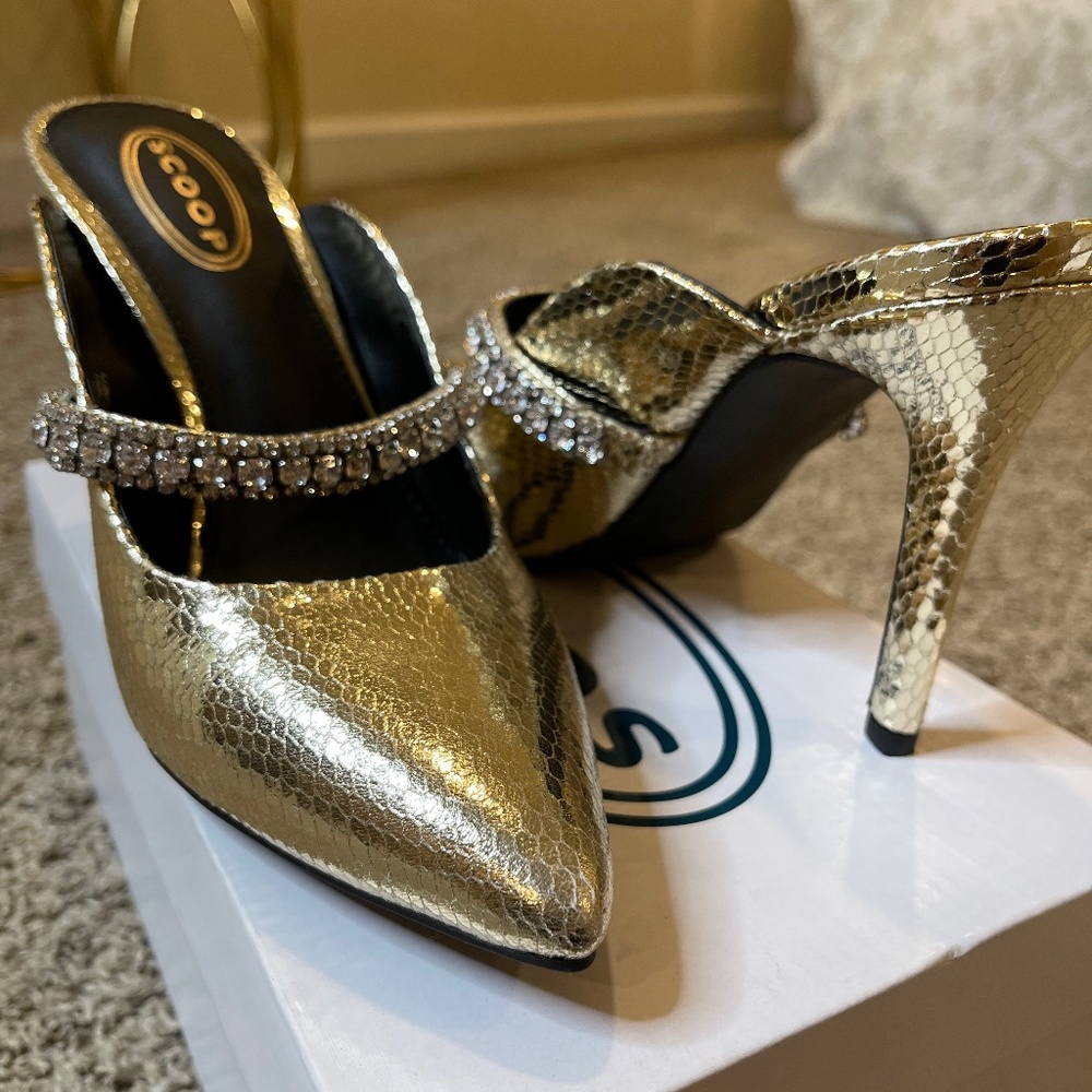 Brand New! Scoop Gold and Rhinestone Strapped Mules Size: 9
